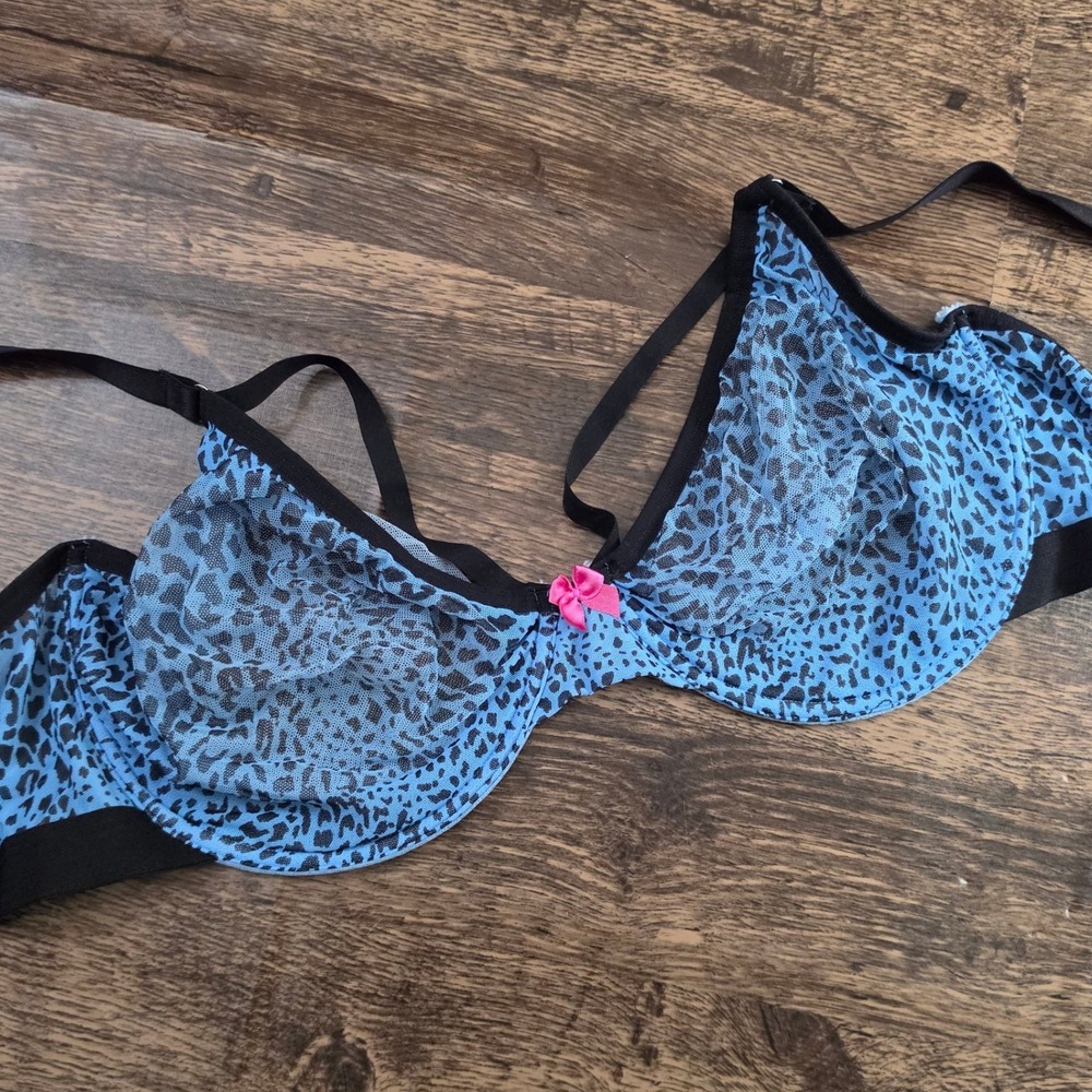 PARADE Mesh Underwire Bra Womens XL+ Blue Leopard Print Sheer Pink Bow PR132W